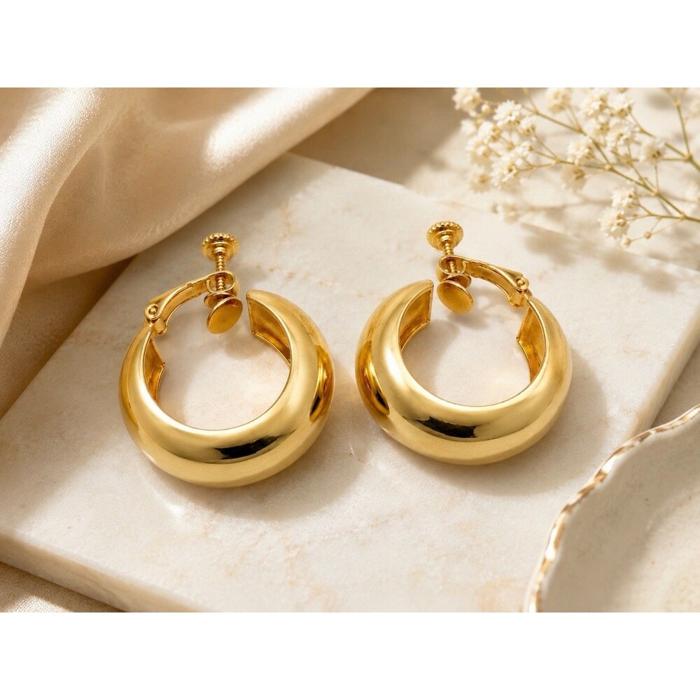Vintage 1980s Gold Tone Chunky Hoop Clip On Earrings Wide Domed Statement Retro